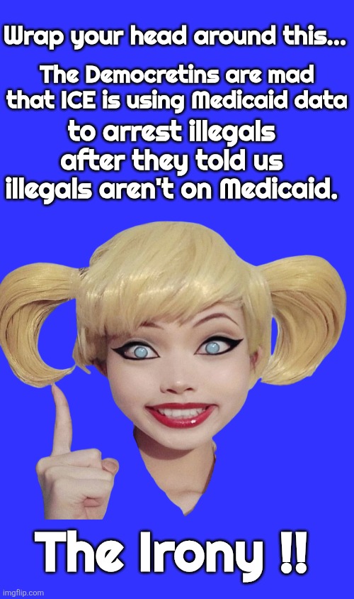 The Democretins are mad that ICE is using Medicaid data; Wrap your head around this... to arrest illegals after they told us illegals aren't on Medicaid. The Irony !! | made w/ Imgflip meme maker