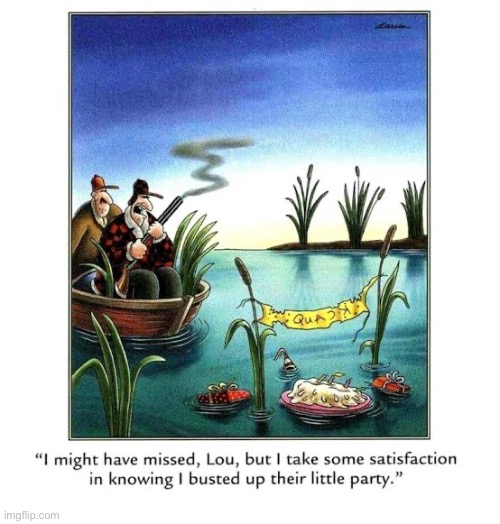 Party crashers | image tagged in the far side,comics,ducks,hunters,party,satisfaction | made w/ Imgflip meme maker