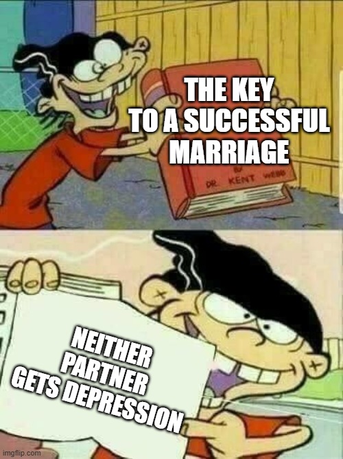 Double d facts book  | the key to a successful marriage; neither partner gets depression | image tagged in double d facts book | made w/ Imgflip meme maker