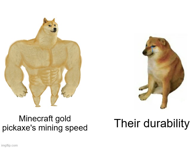 Buff Doge vs. Cheems | Minecraft gold pickaxe's mining speed; Their durability | image tagged in memes,buff doge vs cheems,minecraft,gold tools,gaming logic makes no sense,insert stop reading the tags in mojangles font | made w/ Imgflip meme maker