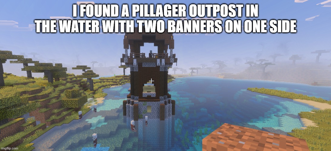 Pillager Outpost With 9 (Nine) Ominous Banners | i found a pillager outpost in the water with two banners on one side | image tagged in pillager outpost | made w/ Imgflip meme maker