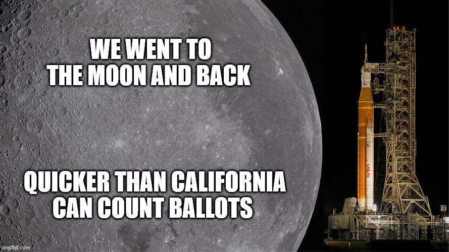 Artemis Moon Launch | We went to the moon and back; quicker than California can count ballots | image tagged in artemis moon launch | made w/ Imgflip meme maker