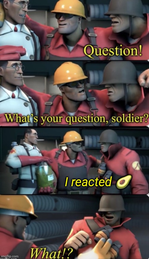 Summary of what happened on the discord server today | I reacted 🥑 | image tagged in what s your question soldier | made w/ Imgflip meme maker