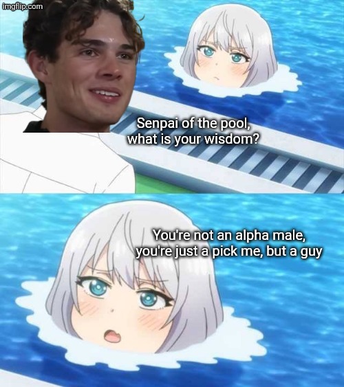 Clavicular Senpai of the pool | Senpai of the pool, what is your wisdom? You're not an alpha male, you're just a pick me, but a guy | image tagged in senpai of the pool | made w/ Imgflip meme maker