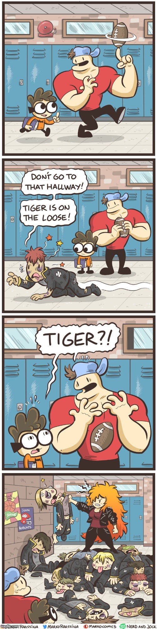 The debut of Tiger! | image tagged in nerd,jock,school,tiger,fight,uh oh | made w/ Imgflip meme maker
