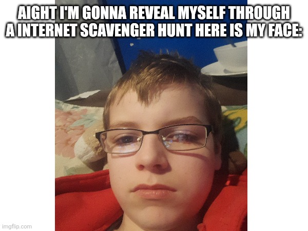 Scavenger hunt | Aight I'm gonna reveal myself through a internet scavenger hunt here is my face: | image tagged in reveal | made w/ Imgflip meme maker