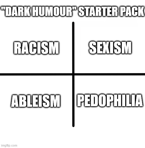 IT IS LITRALLY ALWAYS LIKE THIS. | "dark humour" starter pack; sexism; racism; ableism; pedophilia | image tagged in memes,blank starter pack,dark humor,starter pack | made w/ Imgflip meme maker