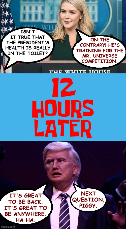 A suitable replacement. | isn't
it true that
the president's
health is really
in the toilet? on the
contrary! he's
training for the
mr. universe
competition. next
question,
piggy. it's great
to be back.
it's great to
be anywhere.
ha ha. | image tagged in memes,trump | made w/ Imgflip meme maker