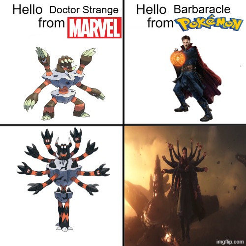Pokemon and Marvel meeting | Barbaracle; Doctor Strange | image tagged in hello person from,memes,funny,pokemon,marvel | made w/ Imgflip meme maker