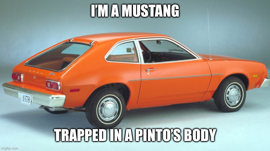 I’m a mustang Trapped in a pinto’s body | image tagged in ford pinto | made w/ Imgflip meme maker