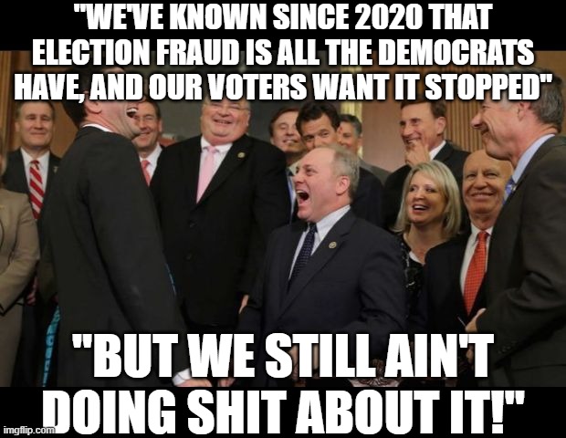 Republicans Senators laughing | "we've known since 2020 that election fraud is all the democrats have, and our voters want it stopped"; "but we still ain't doing shit about it!" | image tagged in republicans senators laughing | made w/ Imgflip meme maker