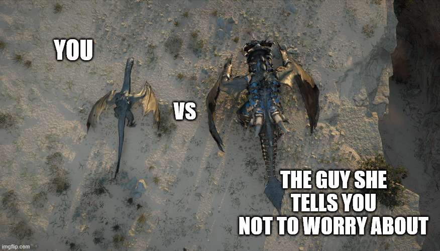 you vs him | You; vs; The guy she tells you not to worry about | image tagged in crimson desert wyvern dragon | made w/ Imgflip meme maker