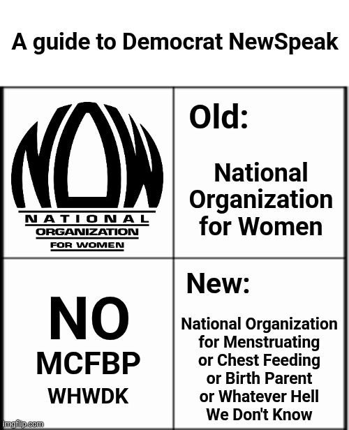 A guide to Democrat NewSpeak | A guide to Democrat NewSpeak; Old:; National
Organization
for Women; New:; NO; National Organization
for Menstruating
or Chest Feeding
or Birth Parent
or Whatever Hell
We Don't Know; MCFBP; WHWDK | image tagged in table chart,democrats,women,national organization for women,insanity,liberals | made w/ Imgflip meme maker
