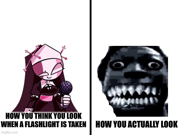 I remaked the first meme in 1921 | How you actually look; How you think you look when a flashlight is taken | image tagged in square divided in half,first meme | made w/ Imgflip meme maker