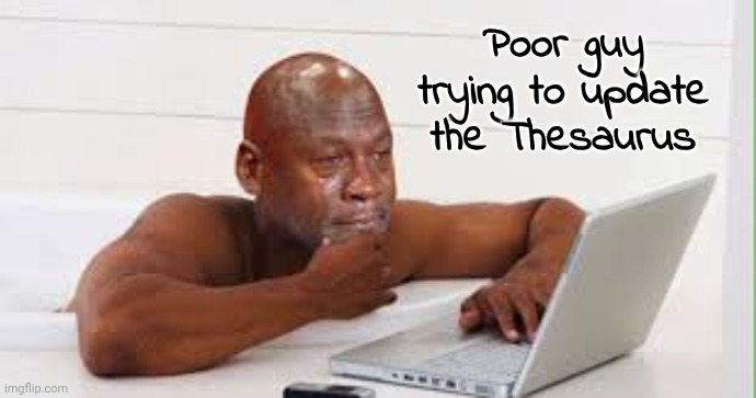 crying computer jordon | Poor guy trying to update the Thesaurus | image tagged in crying computer jordon | made w/ Imgflip meme maker