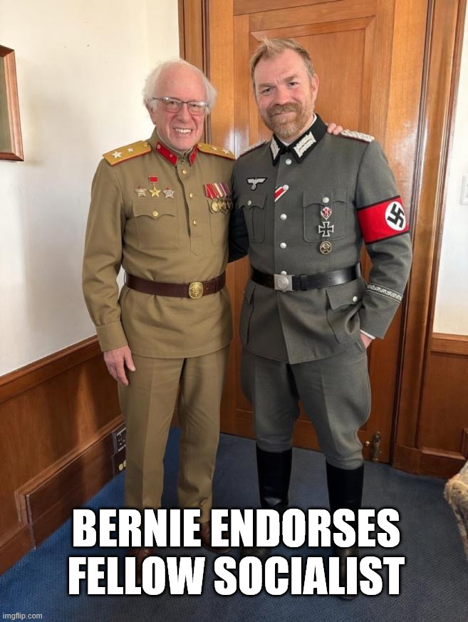 Bernie endorses | Bernie endorses fellow socialist | image tagged in bernie,platner,fellow socialists | made w/ Imgflip meme maker