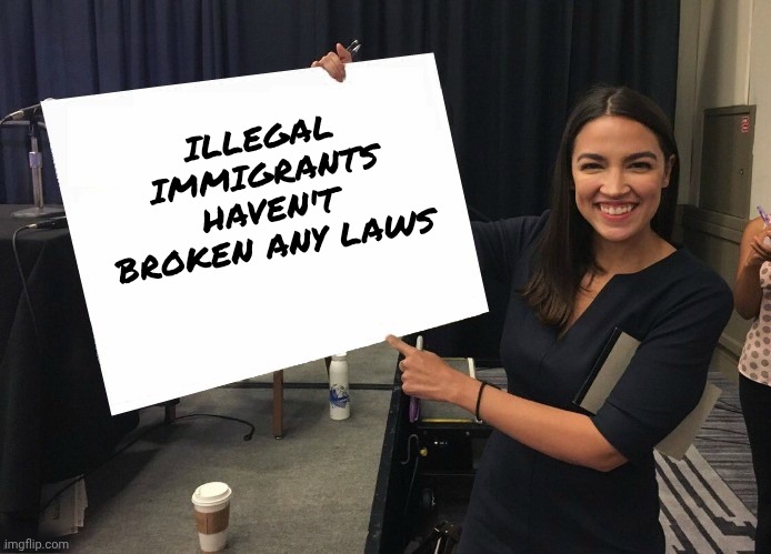 Ocasio-Cortez cardboard | Illegal Immigrants haven't broken any laws | image tagged in ocasio-cortez cardboard | made w/ Imgflip meme maker