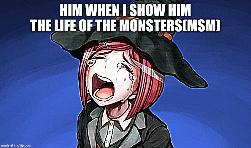 Crying Himiko | Him when I show him the life of the monsters(msm) | image tagged in crying himiko | made w/ Imgflip meme maker