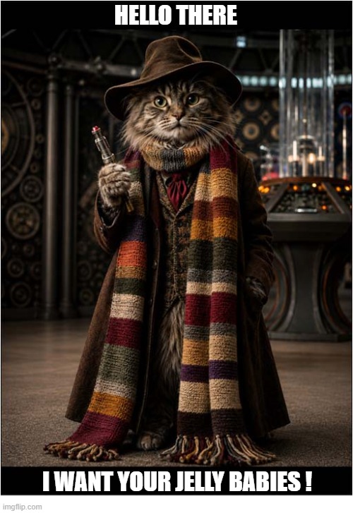 If The 4th Doctor Had Regenerated As A Cat ! | Hello There; I want your jelly babies ! | image tagged in cats,dr who,regeneration,tom baker,jelly babies,ai | made w/ Imgflip meme maker