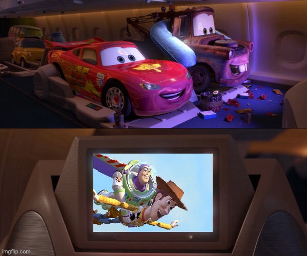Lightning McQueen and Tow Mater watching Toy Story (1995) | image tagged in pixar,toy story,cars,crossover,deviantart,memes | made w/ Imgflip meme maker