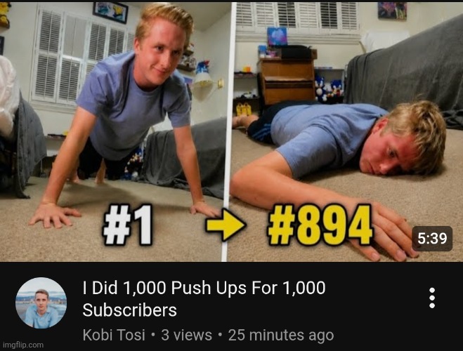 Hey I just did 1,000 push ups. Link in comments | image tagged in kobi tosi,flick7,pushups,push ups,videos,youtube | made w/ Imgflip meme maker