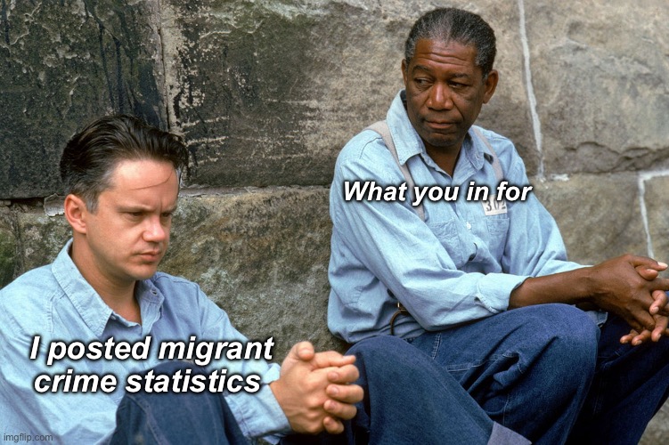 Europe be like: | What you in for; I posted migrant crime statistics | image tagged in shawshank,politics lol,memes,progressives,liberal logic | made w/ Imgflip meme maker