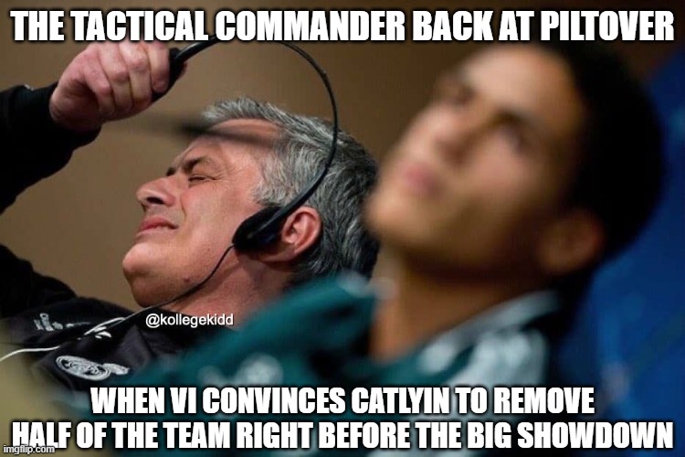 Day 558 of Arcane memes until the next season/series comes out. | the tactical commander back at piltover; when vi convinces catlyin to remove half of the team right before the big showdown | image tagged in guy taking off headphones,arcane | made w/ Imgflip meme maker
