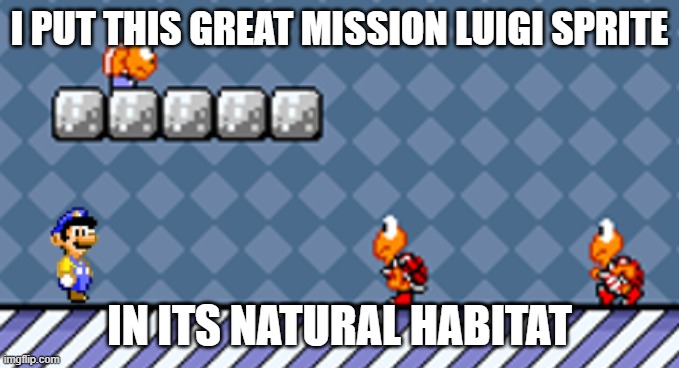 Luigi in Switch Palace | i put this great mission luigi sprite; in its natural habitat | image tagged in luigi in switch palace | made w/ Imgflip meme maker