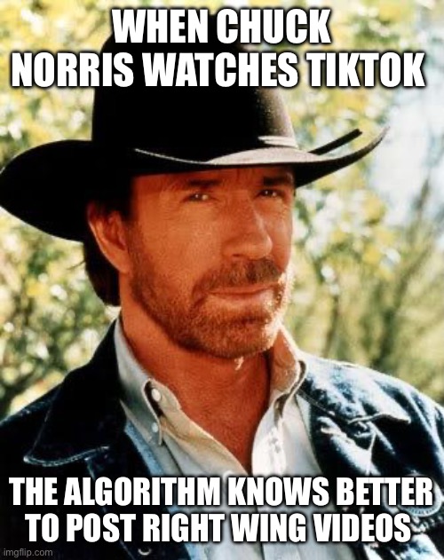 Chuck Norris | When chuck Norris watches TikTok; The algorithm knows better to post right wing videos | image tagged in memes,chuck norris | made w/ Imgflip meme maker