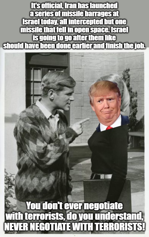 Demotards say MAGA never criticizes Trump, but we do. He's still my guy, but trying to appease Iran and Democrats never works. | It's official, Iran has launched a series of missile barrages at Israel today, all intercepted but one missile that fell in open space. Israel is going to go after them like should have been done earlier and finish the job. You don't ever negotiate with terrorists, do you understand, NEVER NEGOTIATE WITH TERRORISTS! | image tagged in pointing | made w/ Imgflip meme maker