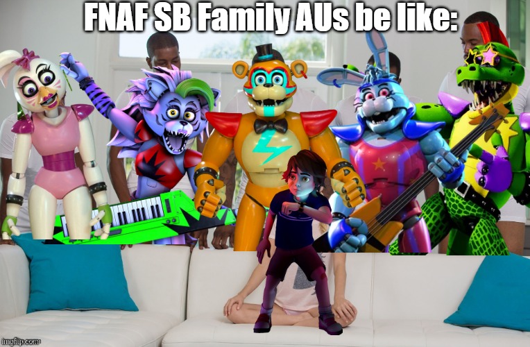 It was a pain to get a transparent Bonnie image cuz I wanted a render of the fixed official ver | FNAF SB Family AUs be like: | image tagged in 5 black men 1 white woman,fnaf,fnaf security breach | made w/ Imgflip meme maker