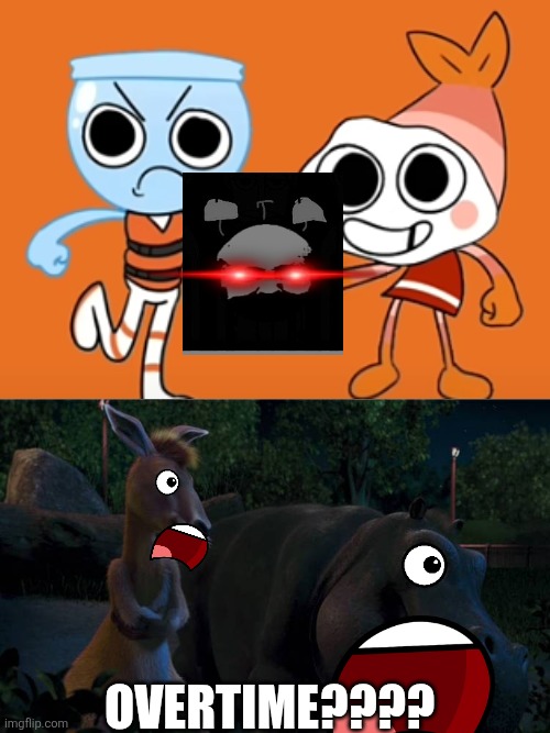 I love ruining fill-in memes :) | OVERTIME???? | image tagged in duke and eze laugh at what | made w/ Imgflip meme maker