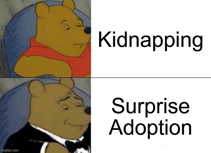 lol | Kidnapping; Surprise Adoption | image tagged in memes,tuxedo winnie the pooh,meme | made w/ Imgflip meme maker