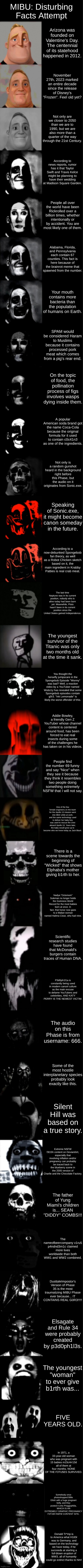 Since MIBU is making a comeback, here's my take on disturbing facts. Feel free to correct them in the comments. | MIBU: Disturbing Facts Attempt; Arizona was founded on Valentine's Day. The centennial of its statehood happened in 2012. November 27th, 2023 marked an entire decade since the release of Disney's "Frozen". Feel old yet? Not only are we closer to 2050 than we are to 1990, but we are also more than a quarter of the way through the 21st Century. According to news reports, rumor has it that Taylor Swift and Travis Kelce might be planning to have their wedding at Madison Square Garden. People all over the world have been Rickrolled over a billion times, whether intentionally or by accident. You are most likely one of them. Alabama, Florida, and Pennsylvania each contain 67 counties. This fact is here because of the brainrot meme that spawned from the number. Your mouth contains more bacteria than the population of humans on Earth. SPAM would be considered Haram to Muslims because it contains processed pork meat which comes from a pig's rear end. On the topic of food, the pollination process of figs involves wasps dying inside them. A popular American soda brand got the name Coca-Cola because the original formula for it used to contain c0c41n3 as one of the ingredients. Not only is a random gunshot heard in the background right before this Phase, but the audio on it originates from Sonic.exe. Speaking of Sonic.exe, it might become canon someday in the future. According to a now-debunked Spongebob fan theory, as well as a Robot Chicken sketch based on it, the main ingredient in Krabby Patties is real crab meat. The last time Neptune was in its current position, nobody who is alive today had been born yet. Meanwhile, Pluto hasn't been in its current position since the United States gained independence. The youngest survivor of the Titanic was only two months old at the time it sank. You thought the horsefly jumpscare in the Spongebob Episode "Wormy" was bad? Well, a reaction video by a YouTuber named Wubzzy has revealed that some Spongebob episodes contain g0r3. "Ink Lemonade" is likely the worst offender of this. Addie Bowley, a friendly Gen Z YouTuber whose channel content is centered around food, has been forced to eat real insects during some of the challenges he has taken on in his videos. People find the number 69 funny and say "Nice" when they see it because they think it resembles two people doing something extremely NSFW that I will not say. One of the few female engineers on the team for the Apollo 13 mission went into l4b0r while at work, and the same technology used to deliver her baby boy was used to rescue the crew aboard Apollo 13. Years later, the baby would grow up to become who we know today as Jack Black. There is a scene towards the beginning of "Wicked" that shows Elphaba's mother giving b1rth to her. Nadya "Octomom" Suleman no longer holds the Guinness World Record for the most babies born at once. In fact, that honor now goes to a Malian woman named Halima Cisse, who had nine. Scientific research studies have found that McDonald's burgers contain traces of Human DNA. P3d0ph1l1a is constantly being used in modern cancel culture as the main excuse to defame YouTubers and celebrities, AND KATY PERRY IS THE NEWEST VICTIM. The audio on this Phase is from username: 666. Some of the most hostile interplanetary species probably look exactly like this. Silent Hill was based on a true story. Extreme NSFW f3t15h content on DeviantArt, especially that involving inflation and/or pregnancy can probably be traced back to the blueberry scene in the 2005 version of Charlie and the Chocolate Factory. The father of Yung Miami's children is... SEAN "DIDDY" COMBS!!! The nameofbeercompany v1ru5 p4ndnd3m1c claimed more lives worldwide than both WW1 and WW2 combined. DusttaleImpostor's Version of Phase 35 is the most traumatizing MIBU Phase ever because... IT CONTAINS REAL G0R3!!!!! Elsagate and Rule 34 were probably created by p3d0ph1l3s. The youngest "woman" to ever give b1rth was... FIVE YEARS OLD. In 1971, a 33-year-old woman who was pregnant with 15 babies m15c4rr13d all of them at four months. NONE OF THE F3TU5ES SURVIVED. Somebody once photoshopped Billie Eilish with a huge pregnant belly, and they posted it onto Preggophilia, WHICH IS AN EXTREMELY GRAPHIC PREGNANCY F3T15H NSFW CONTENT SITE. Donald Tr*mp is to America what H1tl3r was to Germany, and based on the technology we have today, if he succeeds at starting a full-blown eruption of WW3, all of humanity could go extinct thanks to him! | image tagged in mr incredible becoming uncanny,disturbing | made w/ Imgflip meme maker
