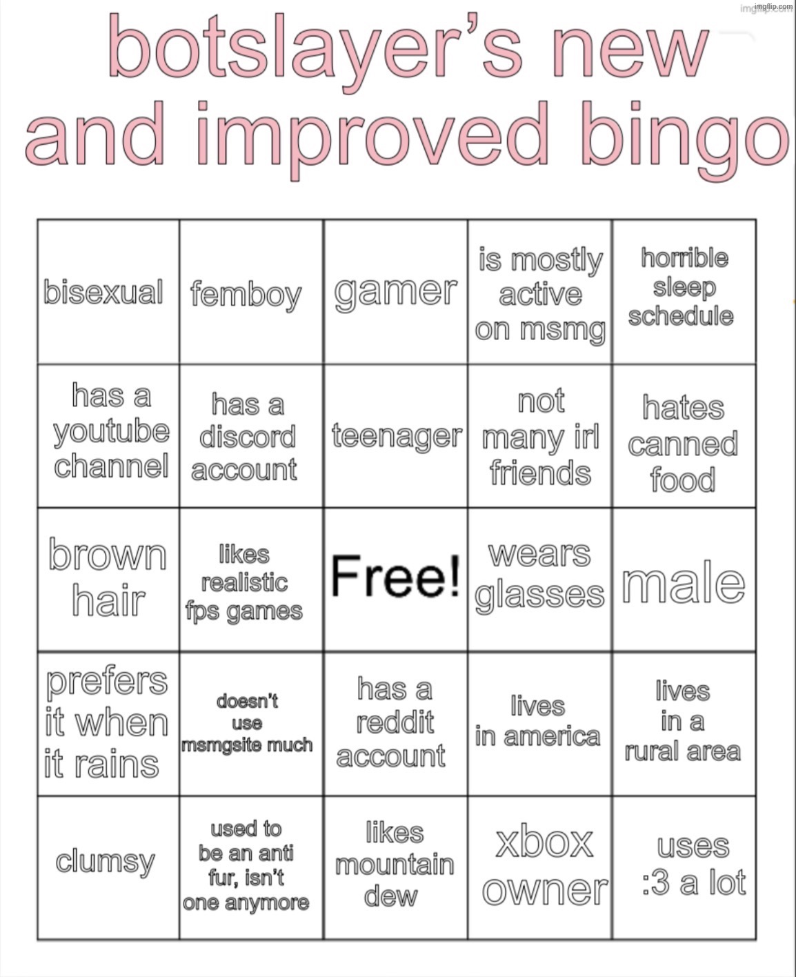 improved my bingo | image tagged in botslayer bingo v2 | made w/ Imgflip meme maker