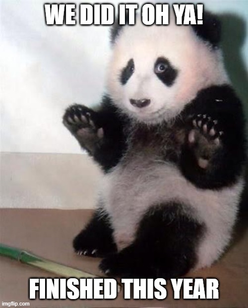 Hands Up panda | we did it oh ya! finished this year | image tagged in hands up panda | made w/ Imgflip meme maker