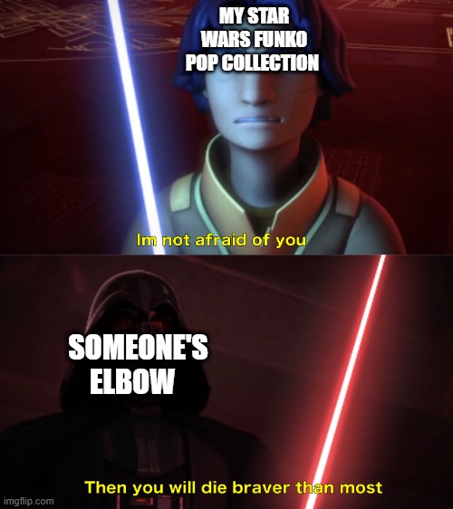 my poor Funko collection | my star wars funko pop collection; someone's elbow | image tagged in im not afraid of you | made w/ Imgflip meme maker