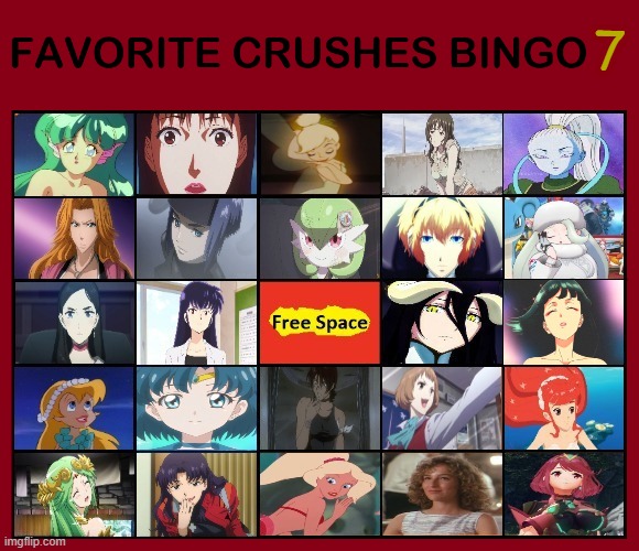 favorite crushes bingo 7 | 7 | image tagged in favorite crushes bingo,anime,video games,movies,fantasy,women | made w/ Imgflip meme maker