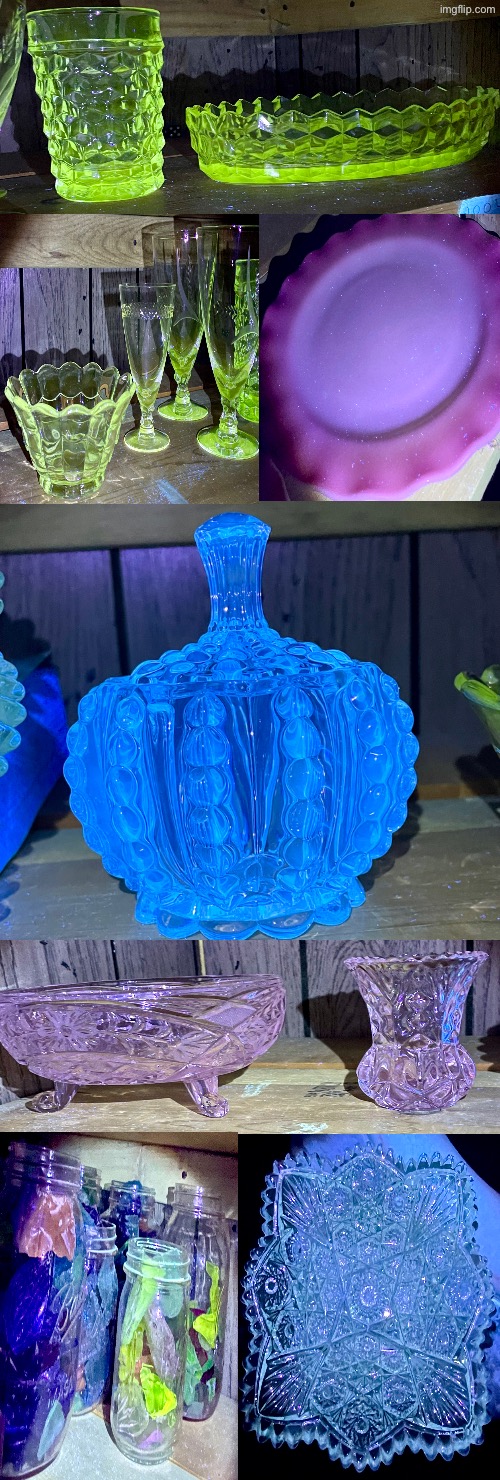 Fostoria, Victorian EAPG, Imperial & Fenton old glass under UV light shows metal minerals | image tagged in cool stuff,victorian antique vintage depression glass,eapg imperial fenton art,fostoria crystal,art,glass | made w/ Imgflip meme maker