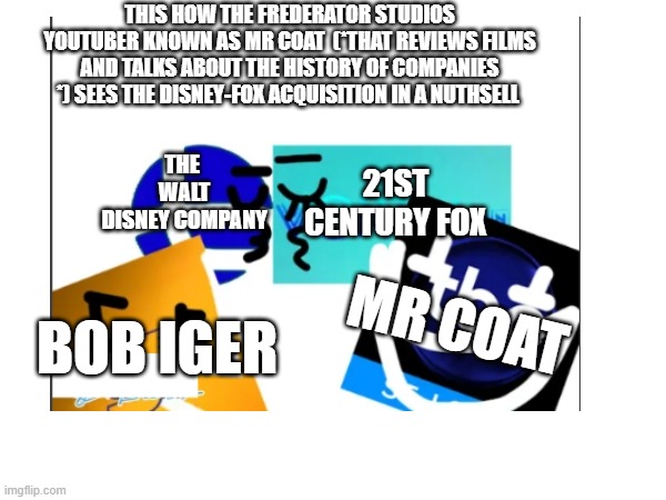 Thank God I Stoped Watching Him Already | This How The Frederator Studios Youtuber Known As Mr Coat  (*That Reviews Films And Talks About The history Of Companies *) Sees The Disney-FOX Acquisition In A Nuthsell; 21ST CENTURY FOX; The 
Walt
DISNEY Company; MR COAT; BOB IGER | image tagged in facts,youtubers,frednatior studios | made w/ Imgflip meme maker