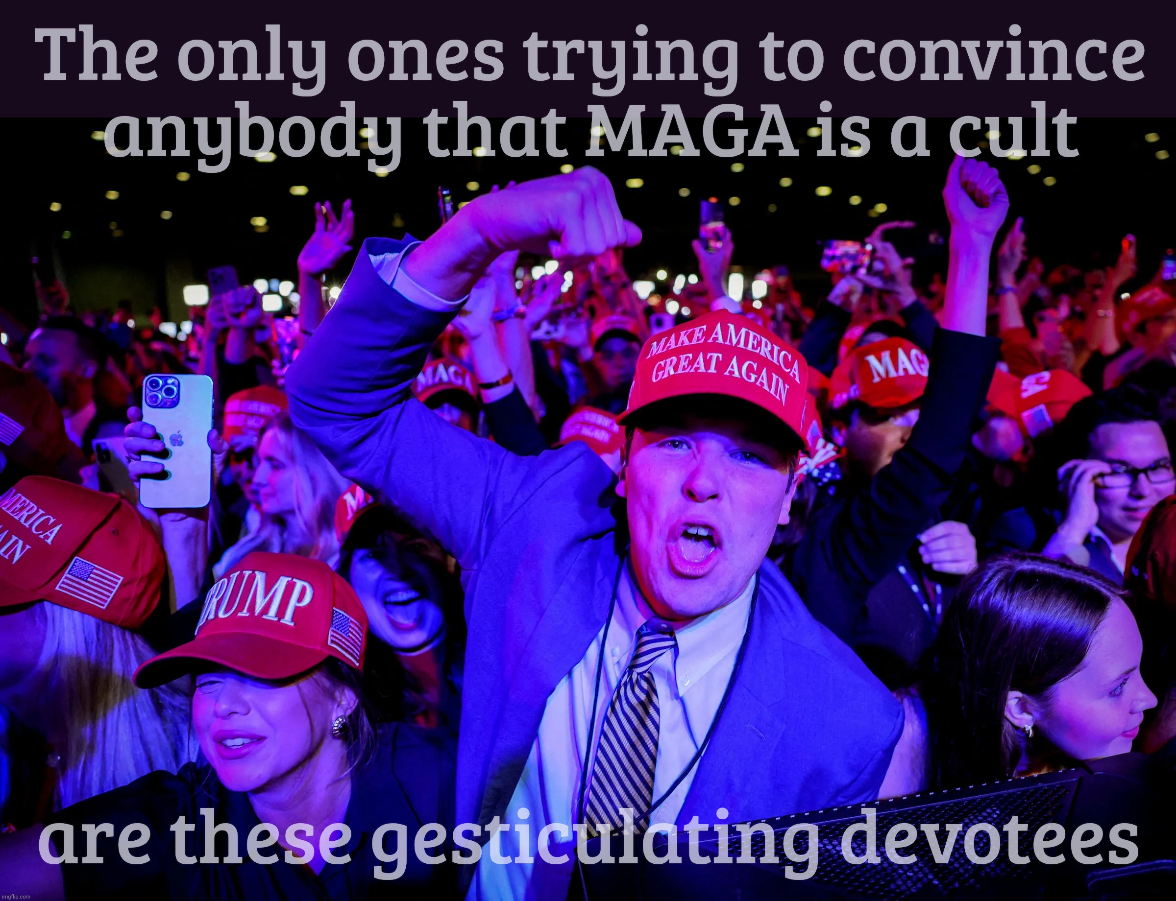 The only ones claiming MAGA is is a cult is the rabid fandom | The only ones trying to convince
anybody that MAGA is a cult; are these gesticulating devotees | image tagged in maga,magats,cult,don't like it don't do it then,yous are what you is,walks quacks duck | made w/ Imgflip meme maker