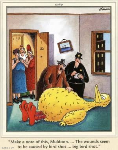 Captain Obvious, on the case again! | image tagged in the far side,comics,crime scene,inept detective,big bird,bird shot | made w/ Imgflip meme maker