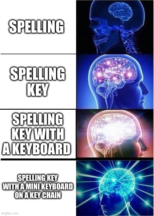 Expanding Brain Meme | Spelling; Spelling key; Spelling key with a keyboard; Spelling key with a mini keyboard on a key chain | image tagged in memes,expanding brain | made w/ Imgflip meme maker