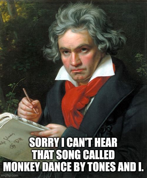 Monkey Dance song is just rubbish | Sorry I can't hear that song called Monkey Dance by Tones and I. | image tagged in beethoven,monkey dance sucks,monkey dance,tones and i,annoying songs | made w/ Imgflip meme maker