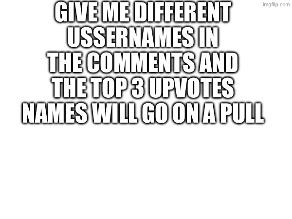 Name voting Tommorow at 5:00 PM before the names get added to the final poll | Give me different ussernames in the comments and the top 3 upvotes names will go on a pull | image tagged in please upvote 1 name,if there isnt a 3rd place comment,then all the comments with that amount of upvotes,will be added | made w/ Imgflip meme maker