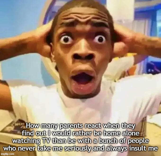 idk | How many parents react when they find out I would rather be home alone watching TV than be with a bunch of people who never take me seriously and always insult me | image tagged in shocked black guy | made w/ Imgflip meme maker