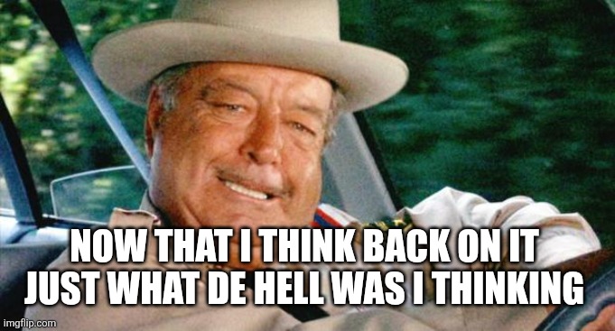 Buford T. Justice | Now that I think back on it 
Just what de hell was I thinking | image tagged in buford t justice | made w/ Imgflip meme maker