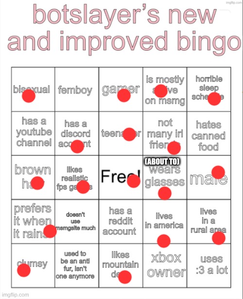 botslayer bingo v2 | (about to) | image tagged in botslayer bingo v2 | made w/ Imgflip meme maker