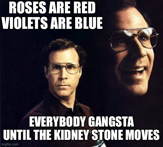 Will Ferrell Meme | Roses are red
Violets are blue; Everybody gangsta
Until the kidney stone moves | image tagged in memes,will ferrell | made w/ Imgflip meme maker