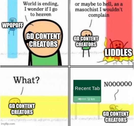 Happens to everyone | Wpopoff; Gd content creators; Gd content creators; liddles; Recent Tab; Gd content creators; Gd content creators | image tagged in guy goes to insert text here,gd,geometry dash | made w/ Imgflip meme maker
